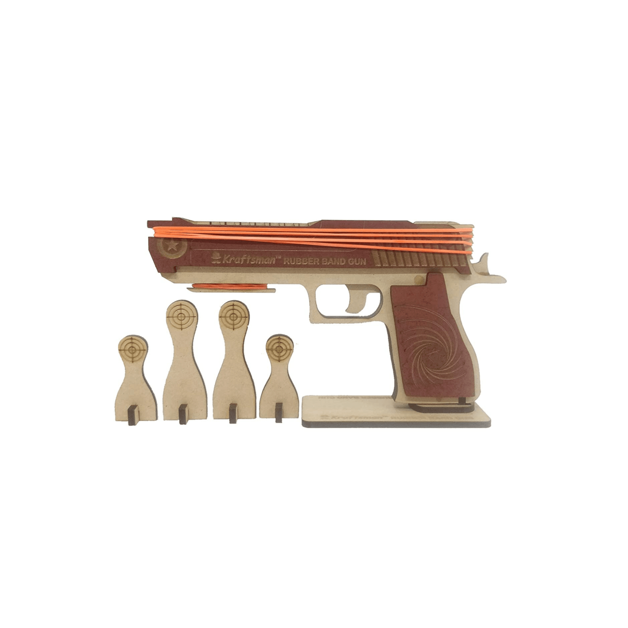 Semi-Automatic Wooden Rubber Band Shooting Gun Toys for Kids & Adults with Target | 5 Rapid Fire Shots (Beige)